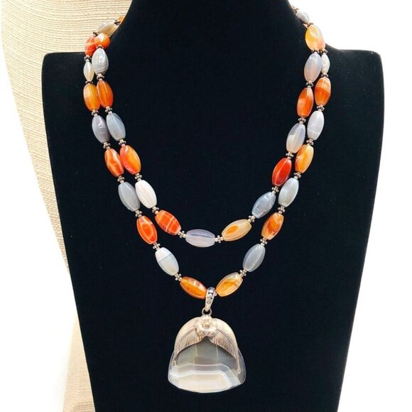 Meras Womens Necklace Striped Agate Sterling Silver Pendant Designer - Picture 2 of 4